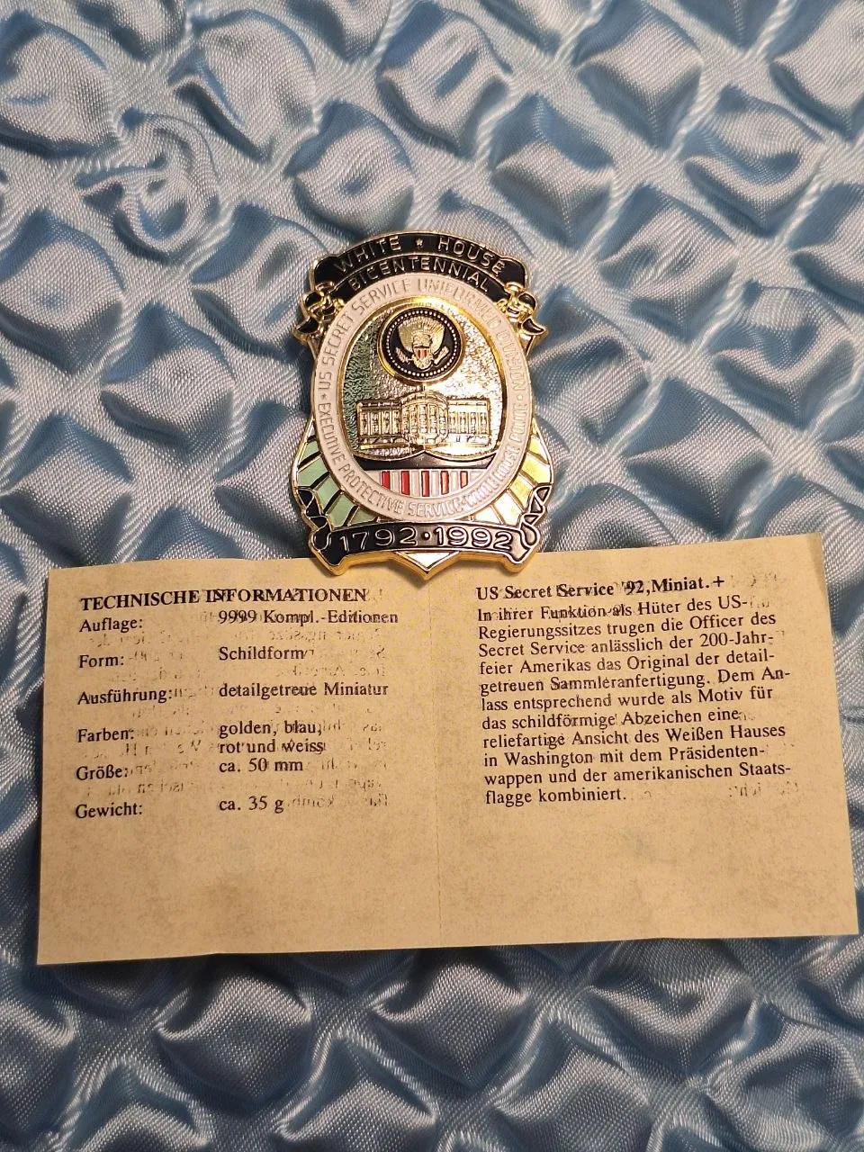 Abzeichen - White House US SERCRET SERVICE 1792-1992 - Replica — Bild 4